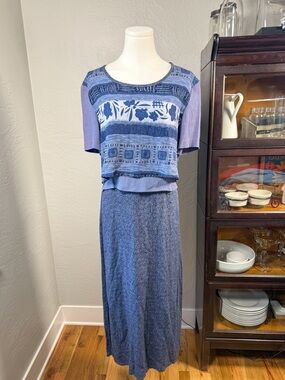 Vintage K Studio Blue Layered Midi Dress Tie Back Made in USA Size 8